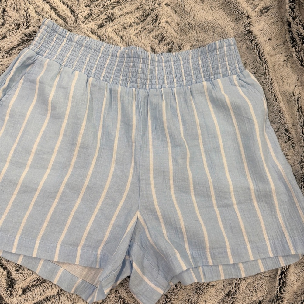 Wonderly High Waist Blue and White Striped Shorts 100% cotton Nautical Gauze Lg